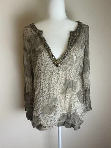Chico's Silk Blouse Tunic Top Size 1 Medium Animal Print Beaded Jewel Rhinestone - Picture 1 of 4