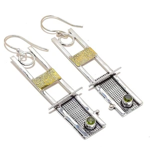 Two Tone - Peridot Gemstone 925 Sterling Silver Earring 2.7" c522 - Picture 1 of 5