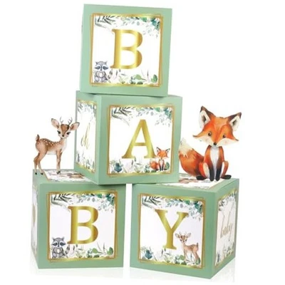 Baby Boxes with Letters for Baby Shower, 4pcs Safari Jungle Print Sage Green - Image 1 of 4