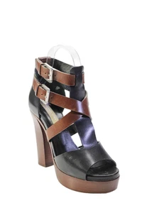 Michael Kors Womens Block Heel Platform Strappy Sandals Black Brown Leather 37 - Picture 1 of 6
