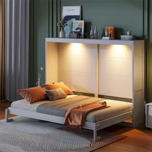 Queen Size Murphy Bed w/LED Lights Modern Comfortable Murphy Wall Bed-White - Picture 1 of 18