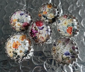 Set 6 20mm Glass Cabochon Metal Silver Tone Shank Back Buttons Floral Flowers - Picture 1 of 1