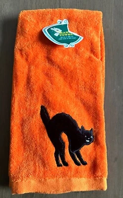 Target Halloween Black Cat Fuzzy Embroidered Orange Bath Hand Towel 2005 NWT - Image 1 of 3