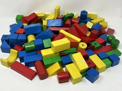 Vintage Building Blocks Wooden Colored 139 Piece Shapes/Colors Some Magnets - Image 1 of 4