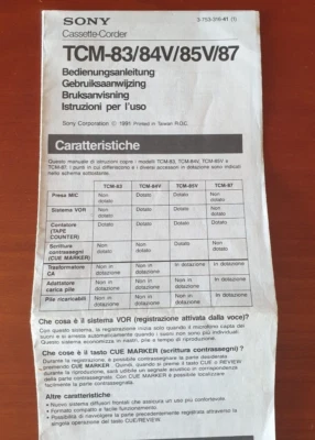 SONY CASSETTE-CORDER TCM-83/84V/85V/87 ISTRUZIONI PER L'USO 1991 ITALIANO ETC. - Immagine 1 di 2