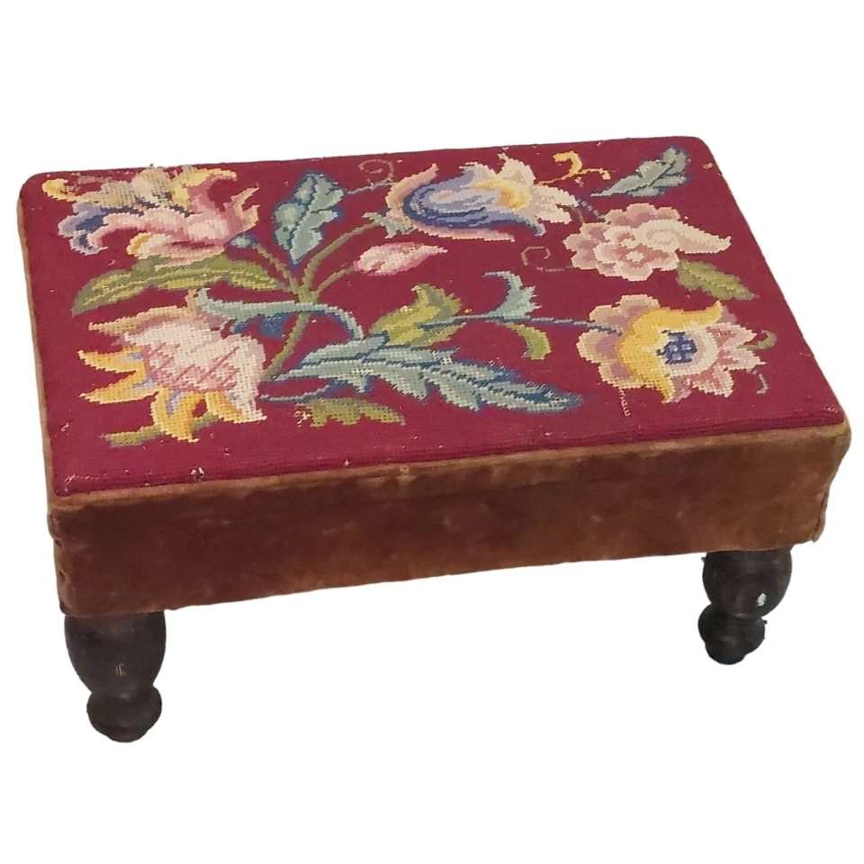 Vintage Floral Needlepoint Footstool with Velvet Sides & Solid Wood Legs - Image 1 of 4