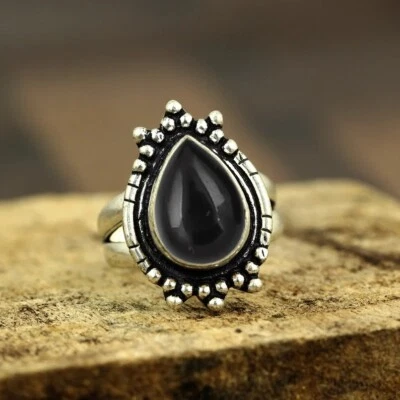 Onice Nera Naturale Gemma Donna 925 Anello Argento Sterling Handmade Gioielli - Immagine 1 di 4
