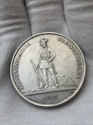 Switzerland 1859 Zurich 5 Francs Shooting Thaler, Rare 6k, Original Luster - Image 1 of 4
