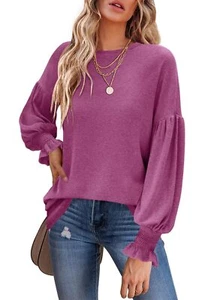 Long Sleeve Going Out Tops for Women Balloon Sleeve Shirts Crewneck Smocked C... - Picture 1 of 6