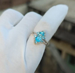 Natural London Blue Topaz Gemstone & Pave Diamond Statement 925 Silver Ring - Picture 1 of 7