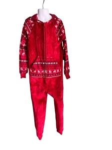 Cat & Jack Girls L Union Pajama Velour One Piece Red Christmas Hooded Size S 6/7 - Picture 1 of 4
