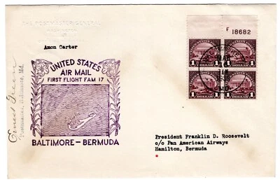 #571 $1 FAM 17 PAA Clipper Flight Baltimore - Bermuda F.D.Roosevelt Collection - Image 1 of 2