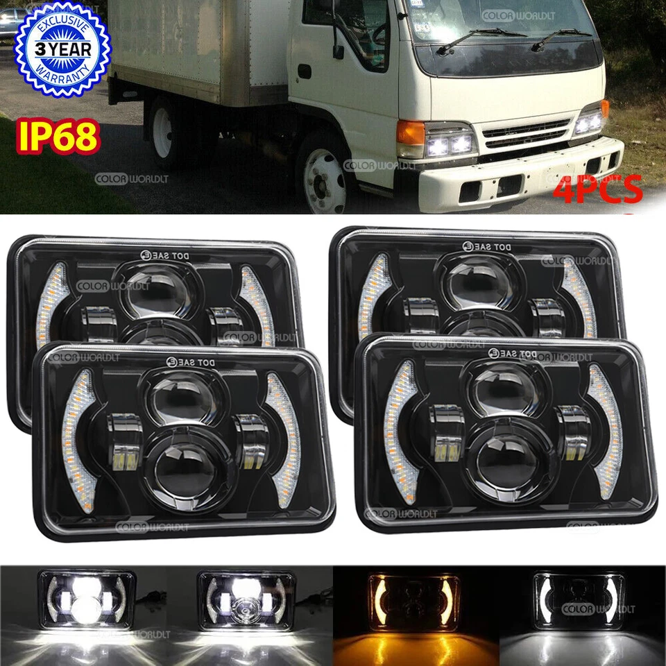 4pcs 4x6 inch LED Headlights DRL Hi/Lo Beam H4 Fit GMC W3500 W4500 W5500 Forward - Image 1 of 4