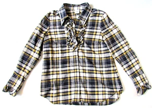 Cabi #4233 Seattle Blue Yellow Plaid Flannel Ruffle Front Shirt Blouse M Medium - Picture 1 of 7