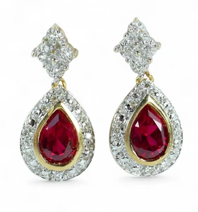 Set of Solid 9ct Yellow White Gold Pear Cut Ruby & Diamond 21mm Earrings Pair - Picture 1 of 9