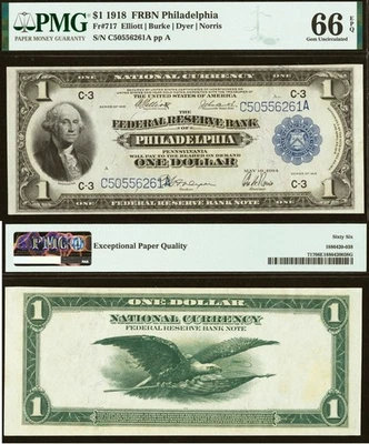 1918 $1 National Currency PMG 66EPQ - Federal Reserve Bank Note Philadelphia - Image 1 of 3