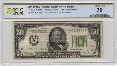 FR.2101-K 1928A Dallas $50 Gold on Demand Federal Reserve Note PCGS VF 20 - Image 1 of 2
