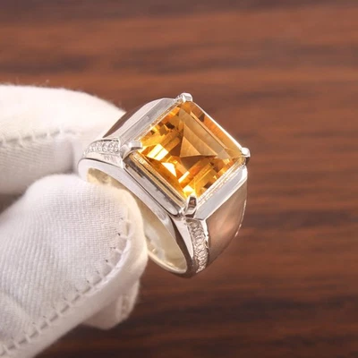 Piedra preciosa de citrino natural con anillo de plata enchapado en oro blanco de 14K para hombre #3464 Foto 1 de 4
