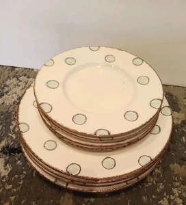 Value Keramik Aqua Polka Dots weiß creme Rand brauner Rand 4 Abendessen 4 Brotzeitteller - Bild 1 von 7
