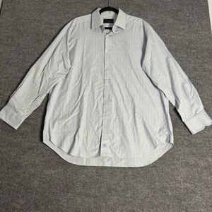 David Donahue Dress Shirt Mens 17.5 34/35 Blue & Green Tattersall Plaid Trim Fit - Picture 1 of 19
