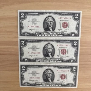 1963 Set Of 3 Consective $2 Dollar Bill Red Seal Note - Picture 1 of 4