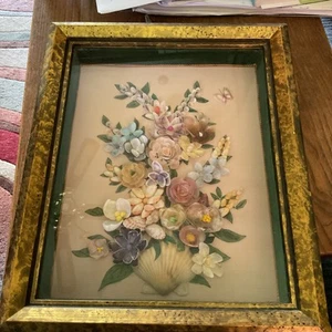Muschel Blumen gerahmt Kunst Bild Vintage Mid Century Handarbeit Ozean 3D 10x12 - Bild 1 von 5