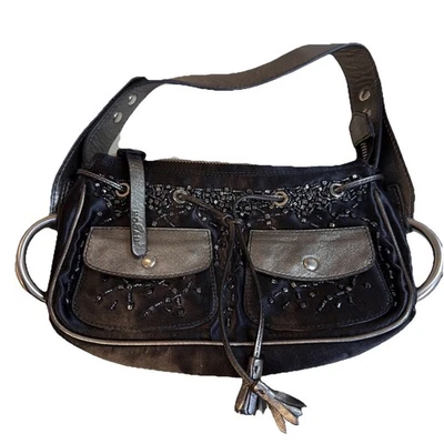 Hogan Satin Leather Beaded Shoulder Bag Purse Handbag Black Gray Silver - Image 1 of 4