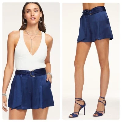 NEW Size 8 Ramy Brook Belted High Rise Gianna Satin Trouser Shorts Spring Navy - Image 1 of 4