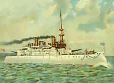 = Antique c.1900 USS INDIANA Battleship US Navy Original Chromolithograph Framed