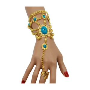 Damen Gold Metall Hand Kette Manschette Ethno Armband Ring Türkis Blau Perlen Glocken - Bild 1 von 14