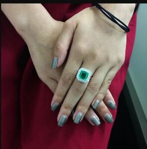 4Ct Asscher Cut Green Emerald Women's Halo Lab Created Ring 14K White Gold Over