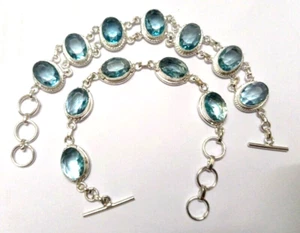 Aquamarine Gemstone Handmade 2 Bracelet 925 Sterling Silver Jewelry Size 7-8" - Picture 1 of 1