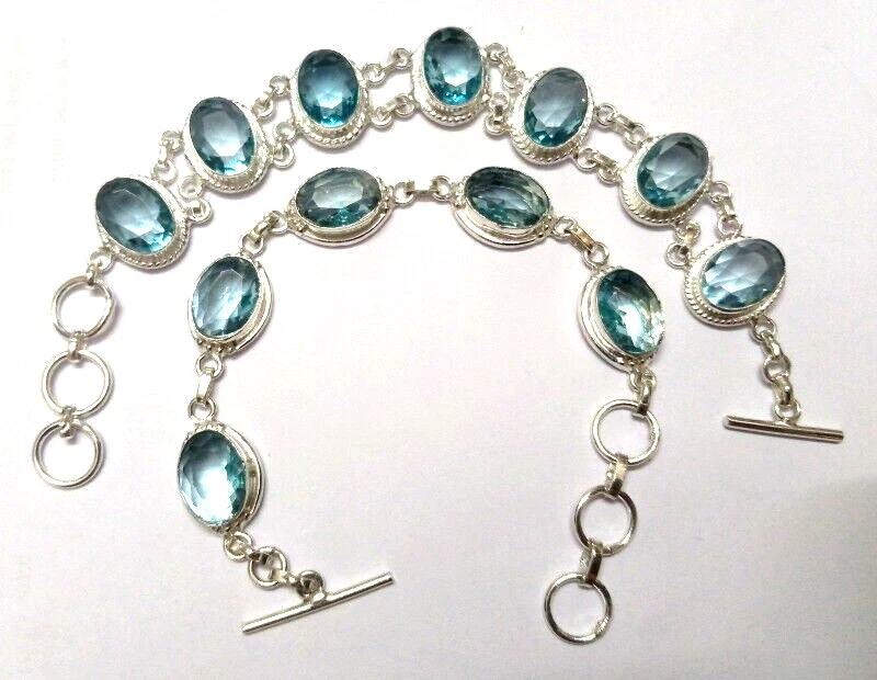Aquamarine Gemstone Handmade 2 Bracelet 925 Sterling Silver Jewelry Size 7-8" - Image 1 of 1