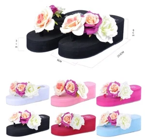 Summer Womens Beach Flower Wedge Flip Flops Platform Chic Slippers Shoes Sandals - Picture 1 of 13