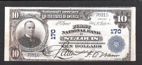 GORGEOUS RARE  FIRST NATIONAL BANK  OF ST. LOUIS 1902 $10, CHARTER# 170 Cover