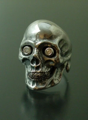 GIANT SKULL RING WITH DIAMOND EYES &TEETH SKULL RING MASONIC  925 ANATOMICAL - Image 1 of 4