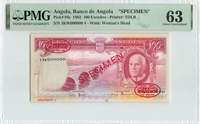 ANGOLA 100 Escudos 1962, P-94s, TDLR SPECIMEN, PMG 63 Choice UNC, Mount Remnants - Image 1 of 2
