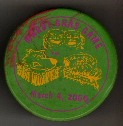 Mississippi Sea Wolves Mardi Gras Game Pilots 2000 ECHL Green USAb Hockey Puck Cover