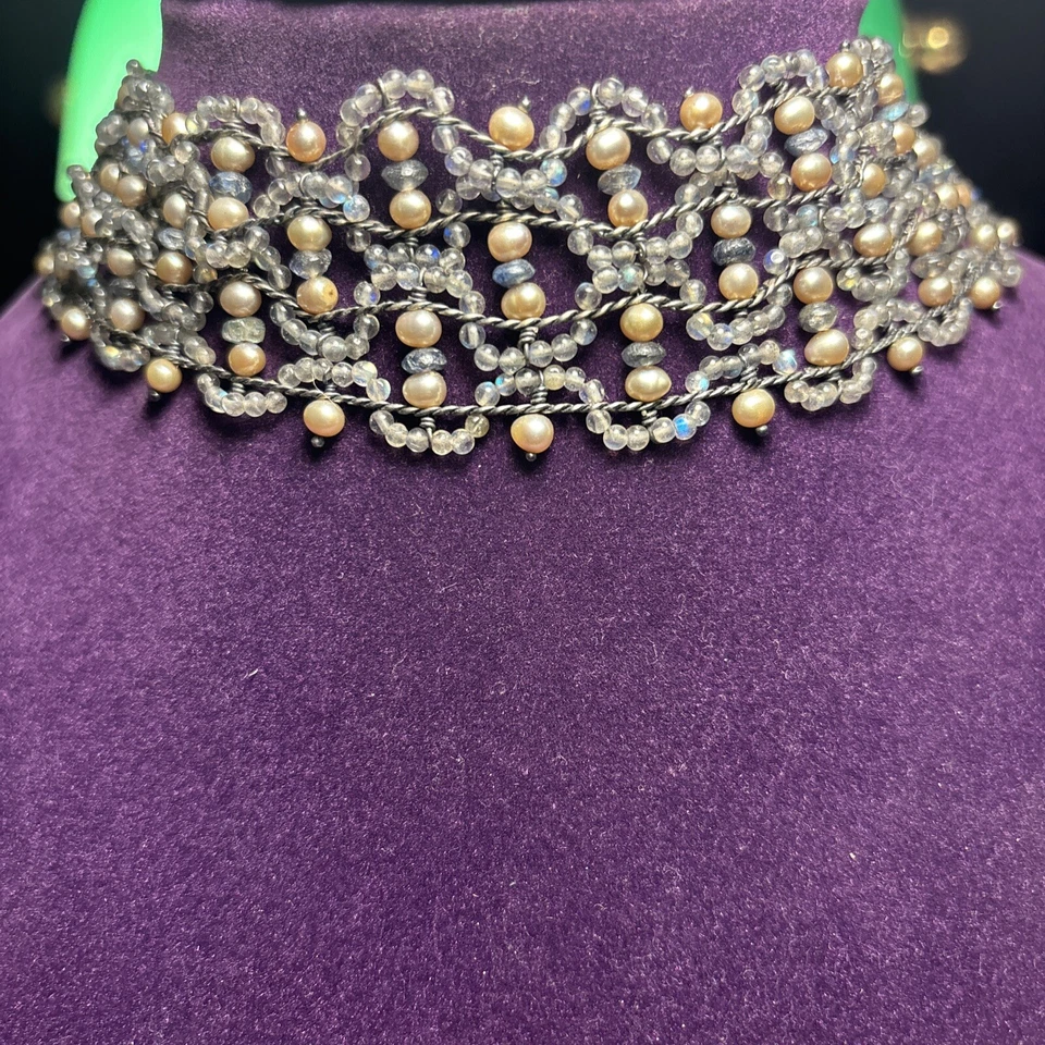 RARO Collar Gargantilla Miguel Ases Piedra Luna Perlas Agua Dulce Plata de Ley Foto 1 de 4