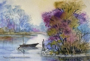 Pamela Wilhelm Watercolor 5”x7” Original Painting Mist Lake Rowboat Blue Purple - Picture 1 of 2