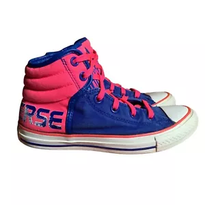 Converse Sneakers Juniors 5 Womens 7 Hot Pink Blue Spell Out High Top Shoes - Picture 1 of 11