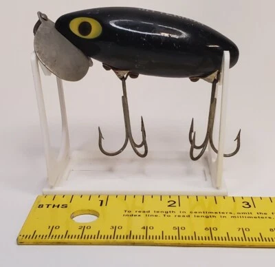 Vintage Fred Arbogast Jitterbug - Black Fishing Lure - Yellow Eyes Metal Popper - Image 1 of 4