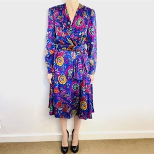 Hanae Mori Paris Size 12 M 42 Purple Blue Floral Silk Wrap Jacket And Skirt Set - Picture 1 of 22