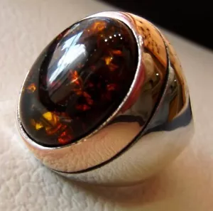 Solid 925 Sterling Silver Natural Blastic Amber Gemstone Anniversary Mens Ring - Picture 1 of 11