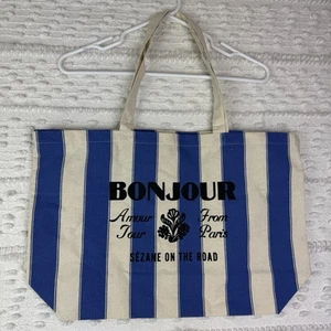 Bolso de Mano Sezane Bonjour Amour Tour Paris Azul Crema Rayas Viaje Compras Playa - Imagen 1 de 10