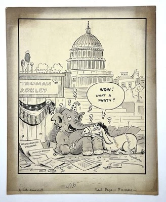 Harry Truman 1949 - Arte editorial original de dibujos animados - Elecciones presidenciales - Dewey Foto 1 de 4