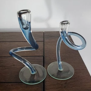 Vintage Michael Hudson 7" Handblown Glass Twisted Candle Sticks Pair Blue/Clear - Picture 1 of 13