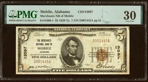 Mobile, AL - $5 1929 Ty. 1 Merchants National Bank Ch. # 13097 PMG Very Fine 30. - Picture 1 of 2