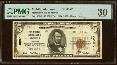 Mobile, AL - $5 1929 Ty. 1 Merchants National Bank Ch. # 13097 PMG Very Fine 30. - Image 1 of 2