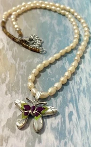 NAVAJO Sterling Silver BUTTERFLY Purple Oyster Gaspeite Pendant Pearl Necklace - Picture 1 of 4